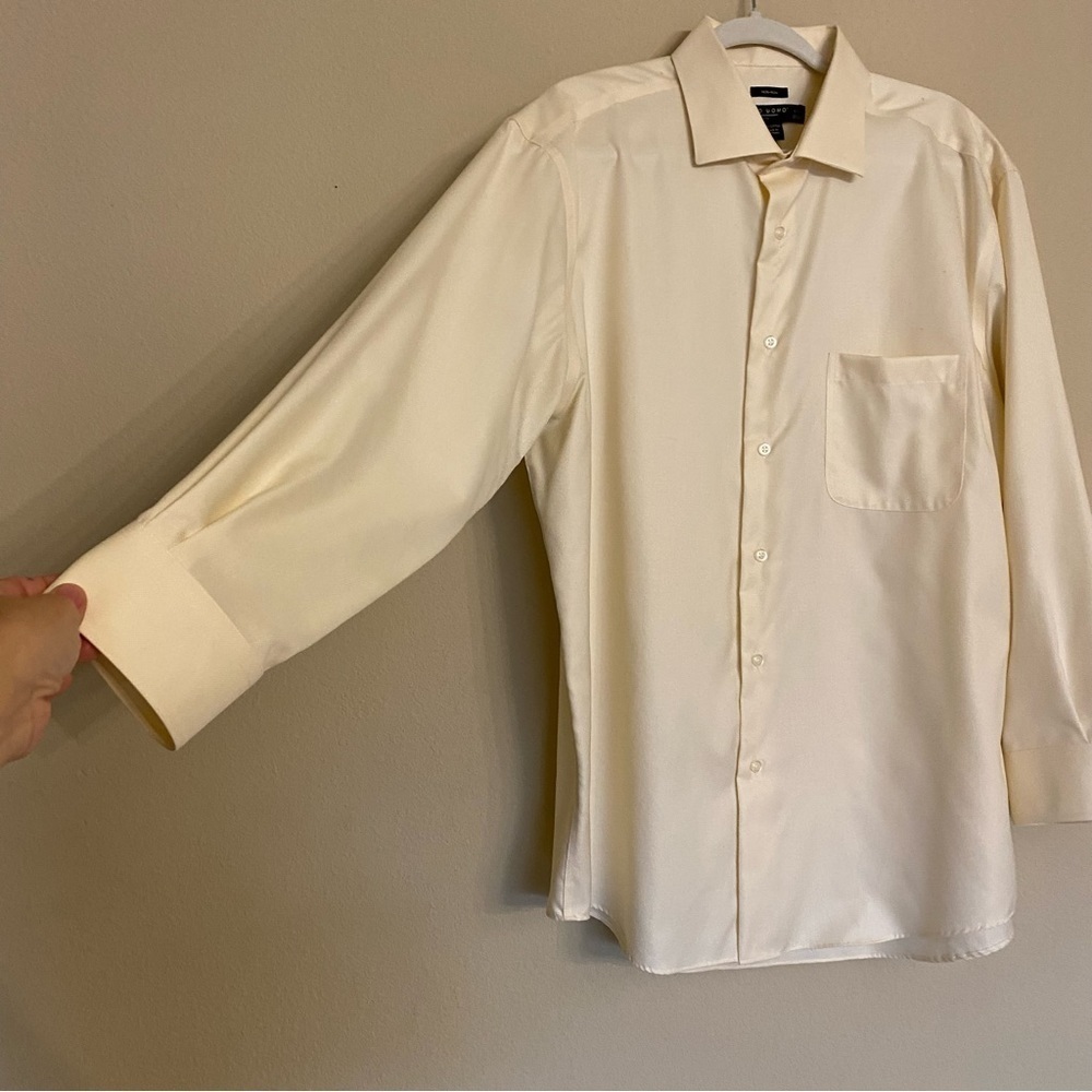 Pronto Uomo Dress Shirt Size 17 1/2 Maze Yellow Non Iron Long Sleeve Business